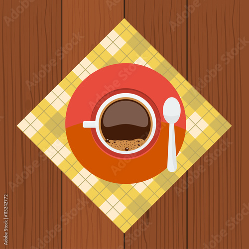 Cup and sauser with coffee, bubbles spoon from top view