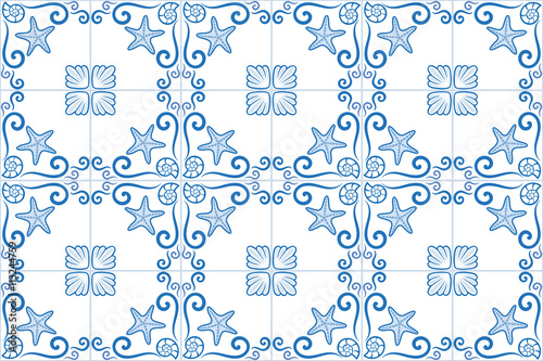 Ornate sea themed portuguese and brazilian tiles azulejos with starfish and shells. Spanish talavera tiles. Vintage pattern. Abstract background. Vector illustration, eps10. 
