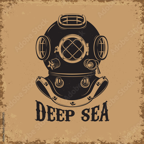 Deep Sea. Old style diver helmet on grunge background.