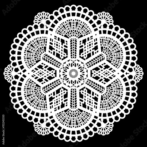 Lace round paper doily, lacy snowflake, greeting element package, doily - a template for cutting, lace pattern, decorative flower, vector illustrations