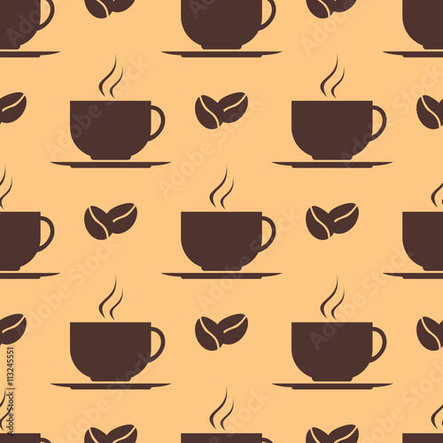 Seamless pattern with cup of coffee and beans. Vector texture.