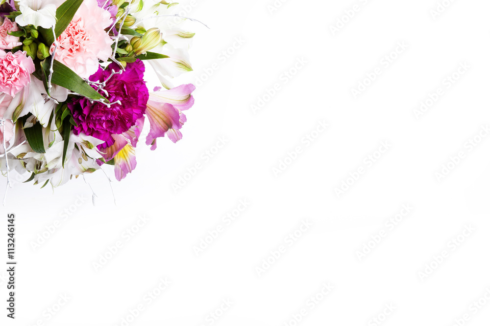 Bouquet from pink and purple gillyflowers, top view