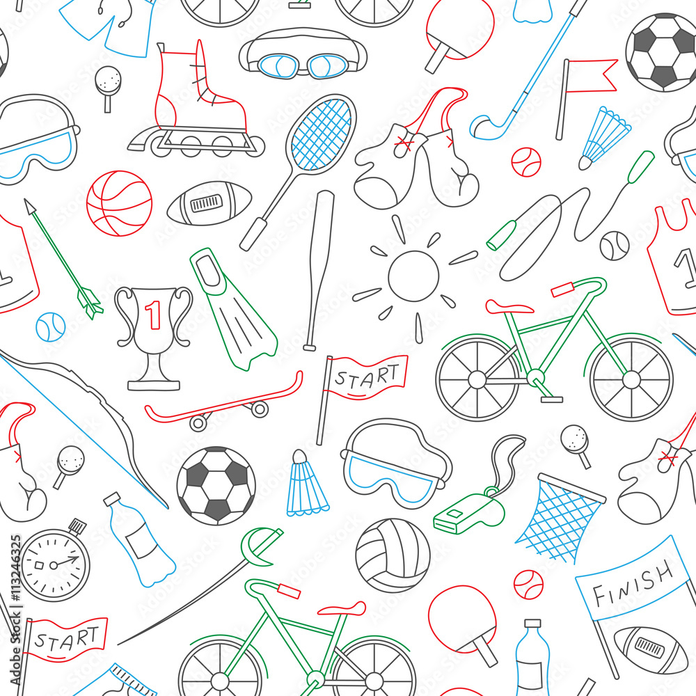 Seamless pattern on the theme of summer sports, simple icons colored  markers on white background Stock Vector | Adobe Stock