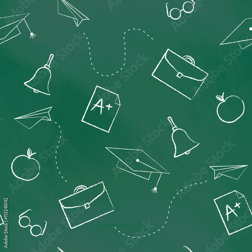 Seamless pattern back to school. Vector green blackboard written with white chalk cap, hat, bag, apple, Paper Airplane, rating A. School background for design covers notebooks and textbooks