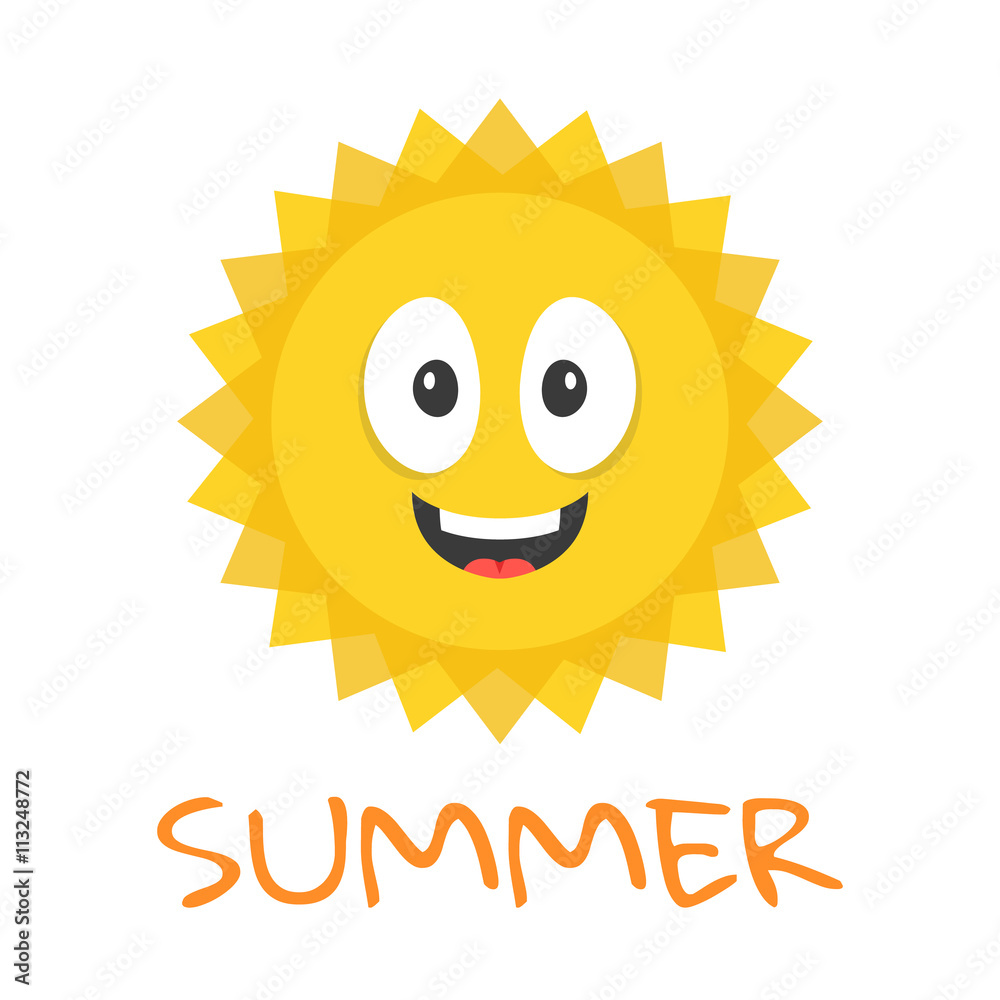 Cute sun character. Funny smiling sun mascot and summer title. Cartoon vector illustration