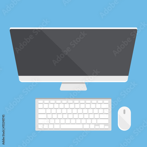 Personal computer. Top view. Computer display, wireless keyboard and mouse. Vector illustration
