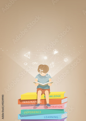 Boy reading a book on a pile of books, brown background and icon