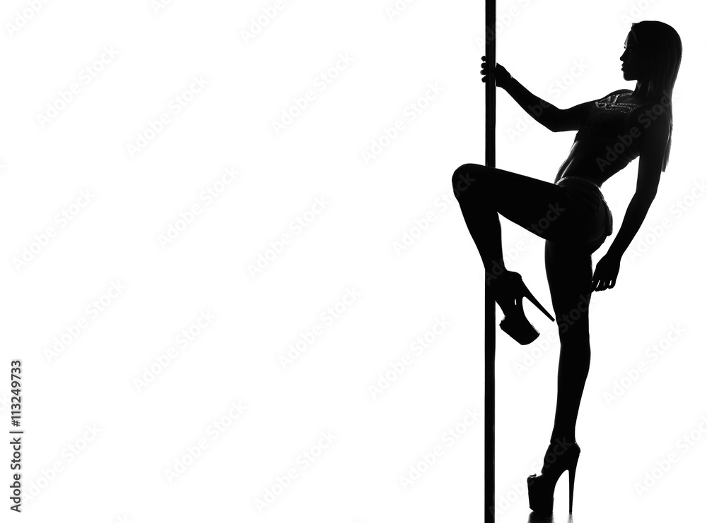 Beautiful woman performing pole dance. Studio shot, on white background. silhouette - obrazy, fototapety, plakaty 