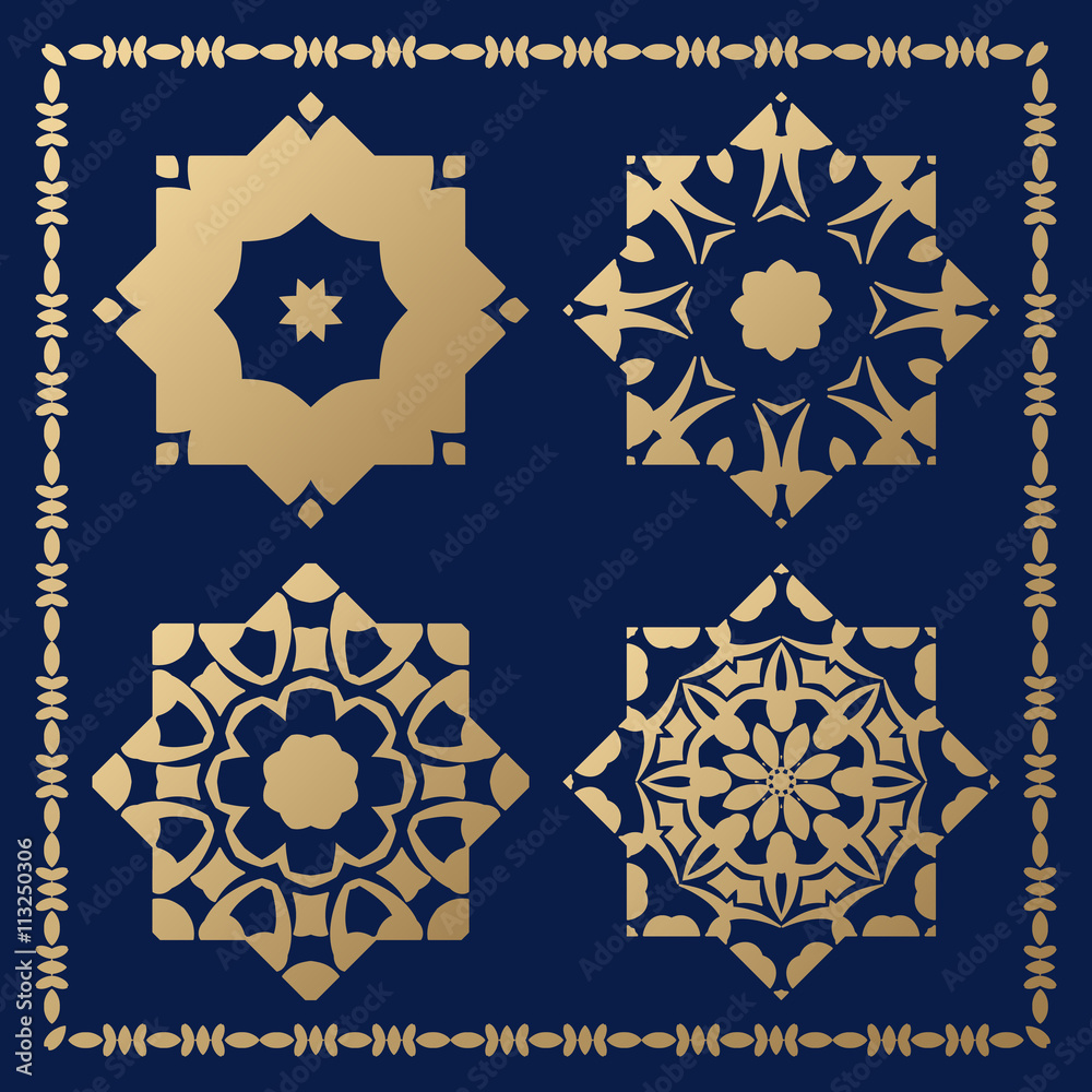 Set of orthogonal gold decorative elements. Arabesque for design.