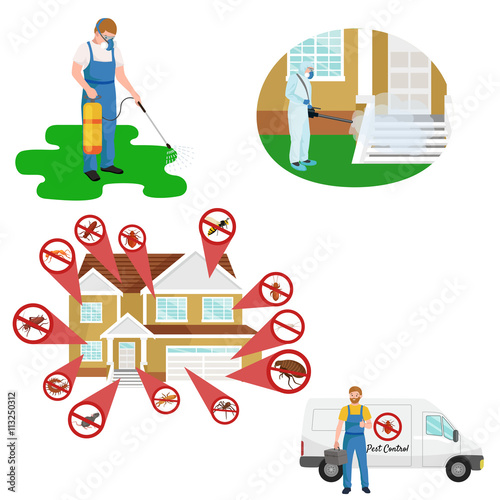Pest control concept with insects exterminator silhouette flat vector illustration