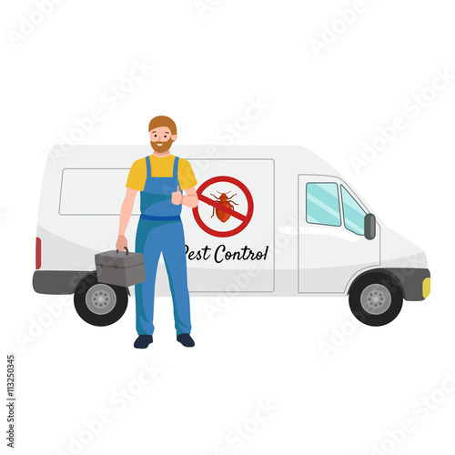 Pest control concept with insects exterminator silhouette flat vector illustration