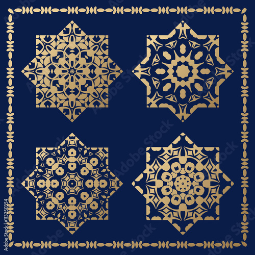 Set of orthogonal gold decorative elements. Arabesque for design.