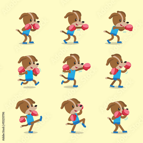 Cartoon character dog doing kickboxing workout set