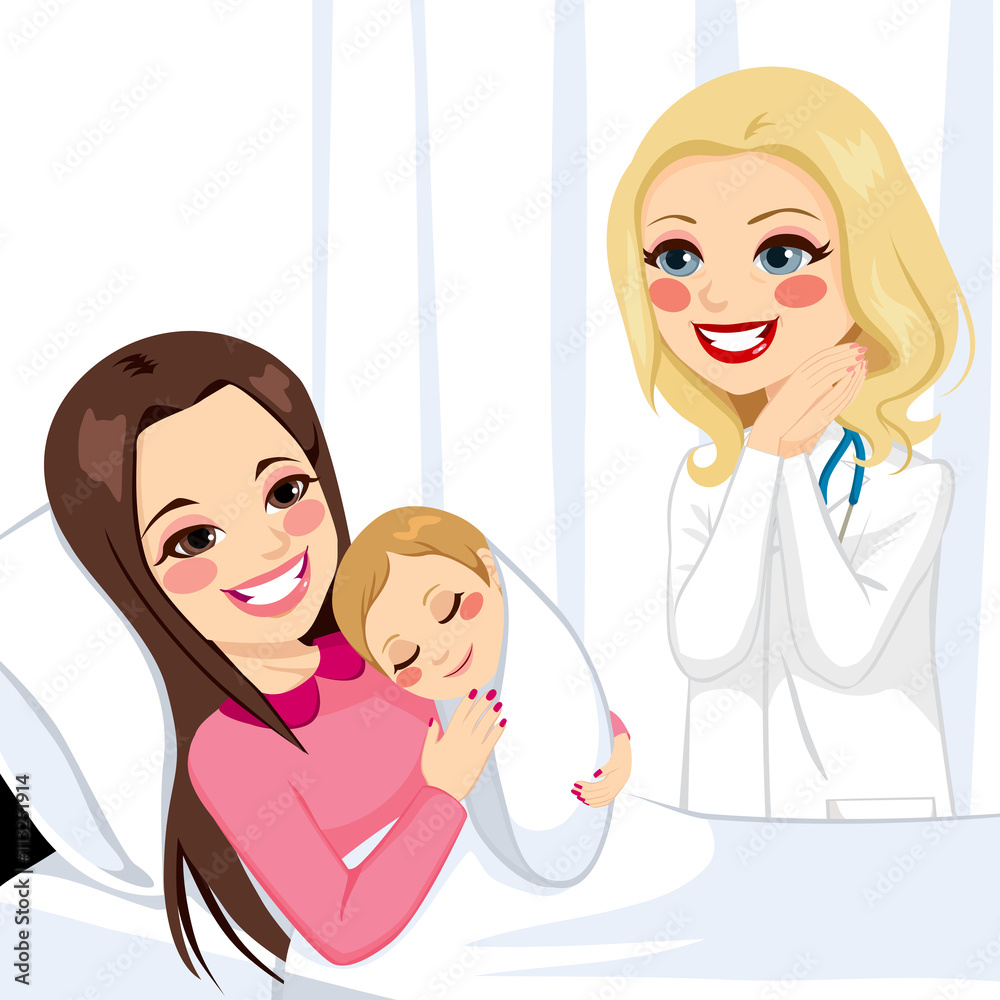 Beautiful young brunette woman lying on hospital bed hugging newborn baby girl visited by female doctor Beautiful young brunette woman lying on hospital bed hugging newborn baby girl visited by female doctor