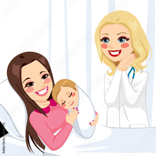 Beautiful young brunette woman lying on hospital bed hugging newborn baby girl visited by female doctor