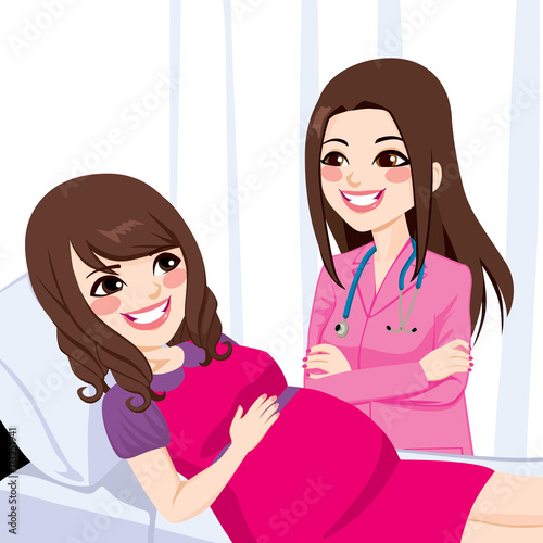 Asian Pregnant Woman With DoctorBeautiful young asian pregnant woman lying on hospital bed being visited by a female doctor