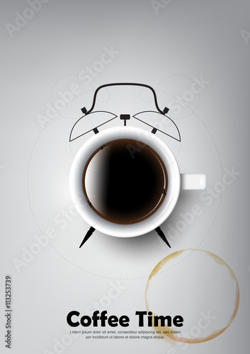 A realistic cup of black coffee and coffee cup stain with coffee clock concept , transparent vector