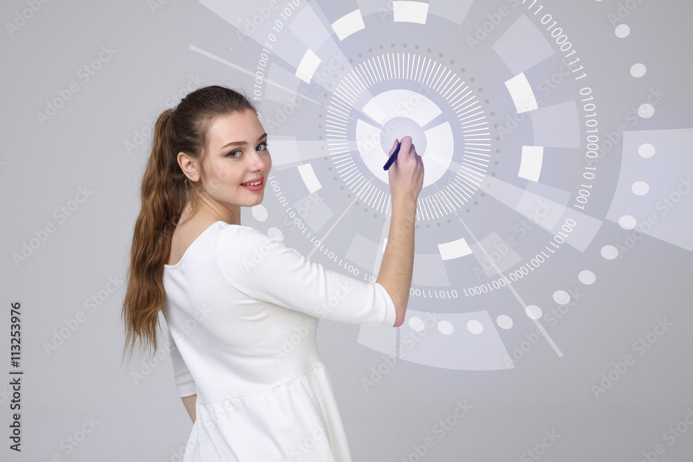 Future technology. Woman working with futuristic interface Future technology. Woman working with futuristic interface
