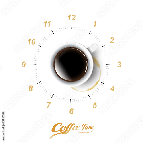 A realistic cup of black coffee and coffee cup stain with coffee clock concept, transparent vector