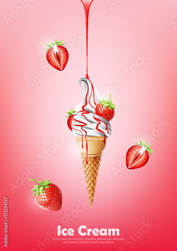 Ice cream in the cone, Pour strawberry syrup and a lot of strawberry background, transparent Vector