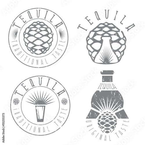 tequila vintage grunge set labels with agave and bottles