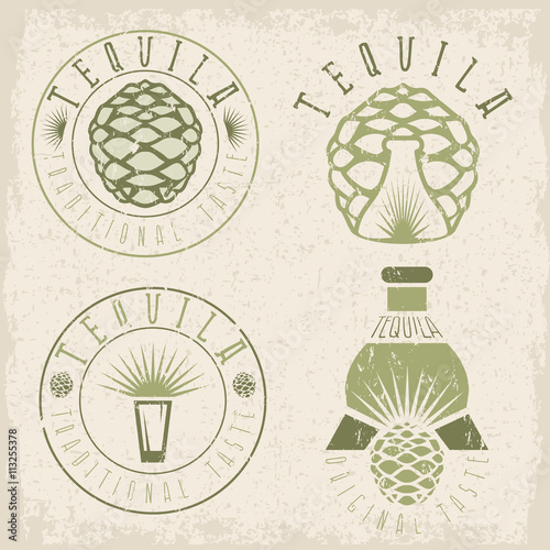 tequila vintage grunge set labels with agave and bottles