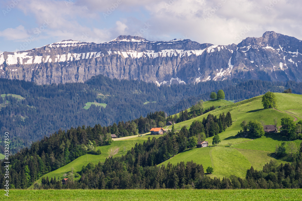 Summer landscape in Berner Oberland region of Switzerland. Green meadows, farmhouses and mountains.
