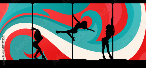 Black vector silhouettes of female pole dancers performing exotic pole moves on abstract background.  photo