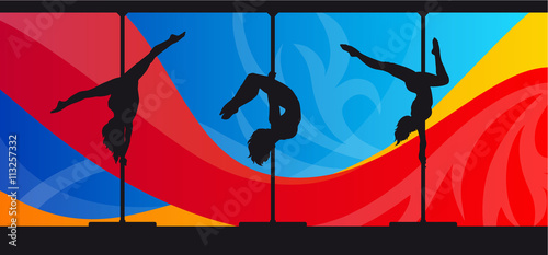 Black vector silhouettes of female pole dancers performing pole moves on abstract background.