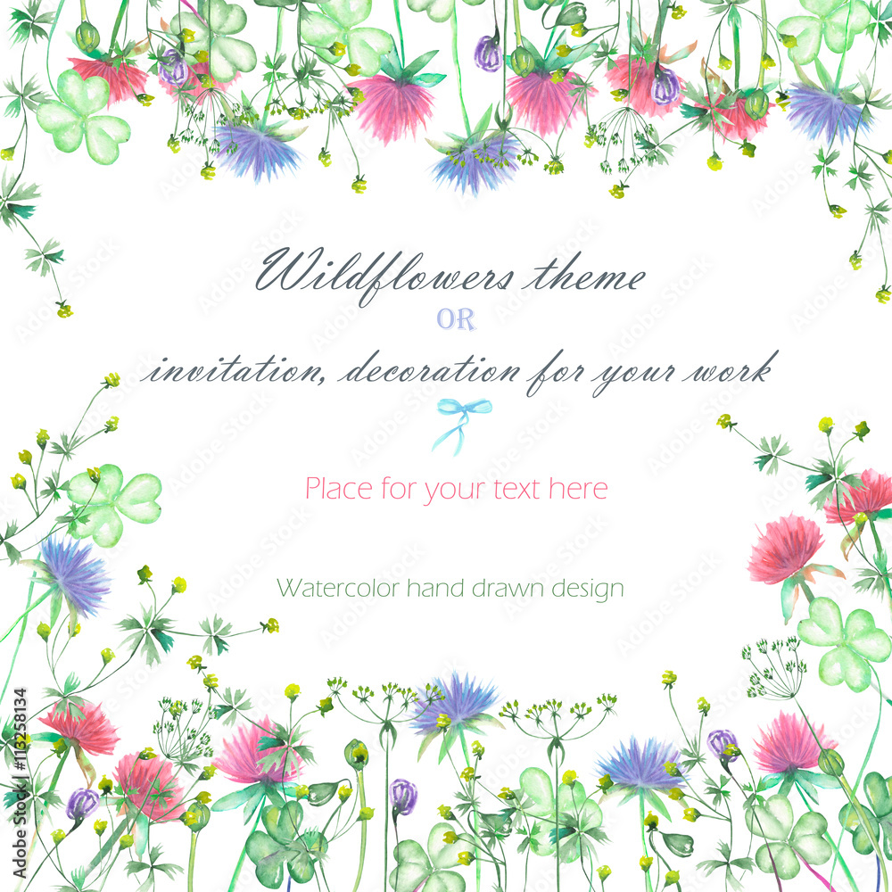 Background, invitation card, template postcard with the yellow wildflowers, clover flowers and grass, hand drawn on a white background, background for your card and work