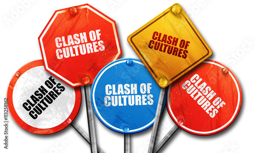 Fotografija clash of cultures, 3D rendering, rough street sign collection