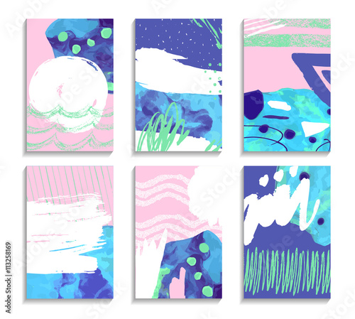 Set of hand drawn cards. Abstract backgrounds. Pastel hipster collage. For placard, poster, banner,template