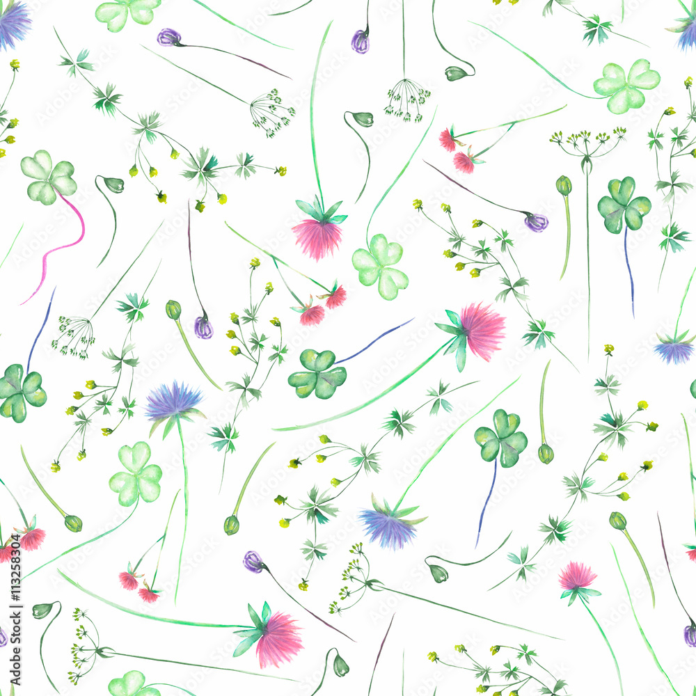 Seamless floral pattern with yellow wildflowers, clover flower and grass, painted in watercolor on a white background