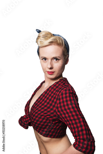 portrait of a pin up woman with colorful clothing and makeup isolated on a white background
