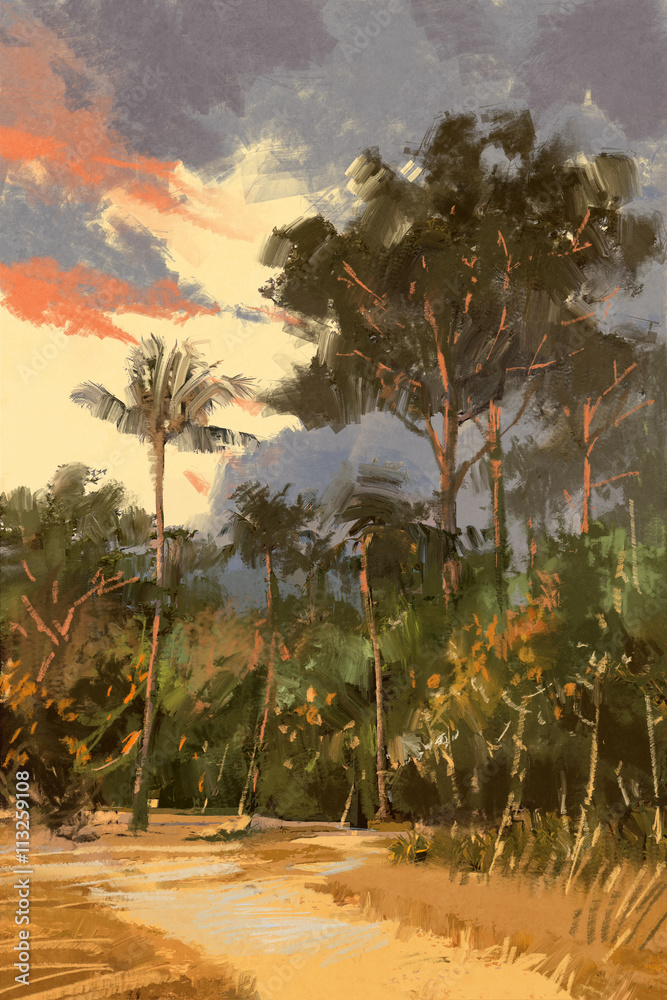 Obraz premium summer landscape painting,road leading to the tropical forest