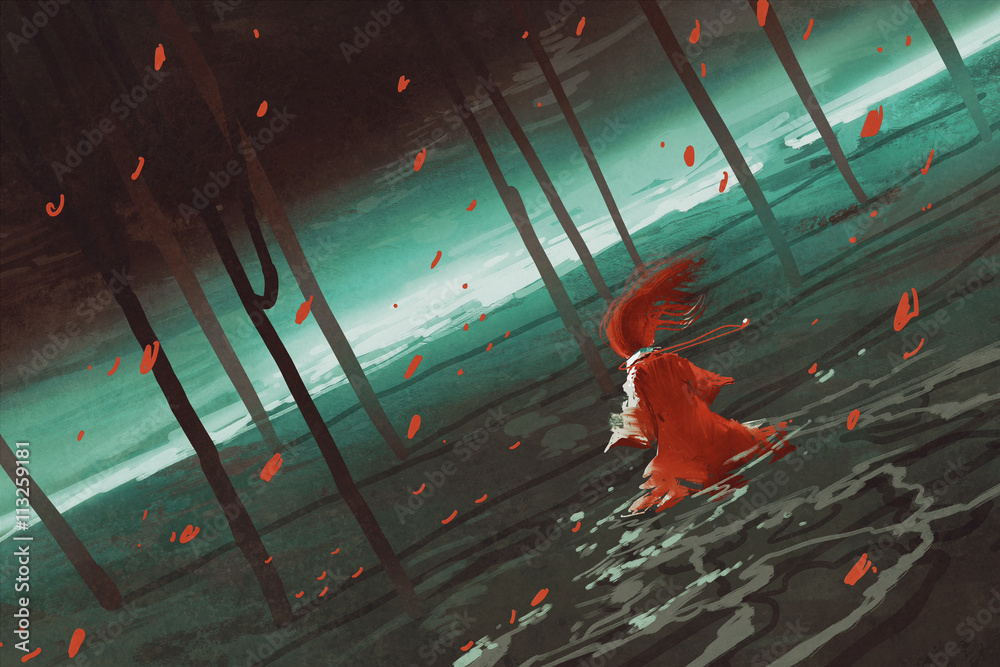 Fototapeta premium woman in red walking on swamp lake,river,trees,scenery,llustration