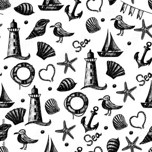 Seamless pattern hand drawn sea themed objects. Seagull,lighthou photo