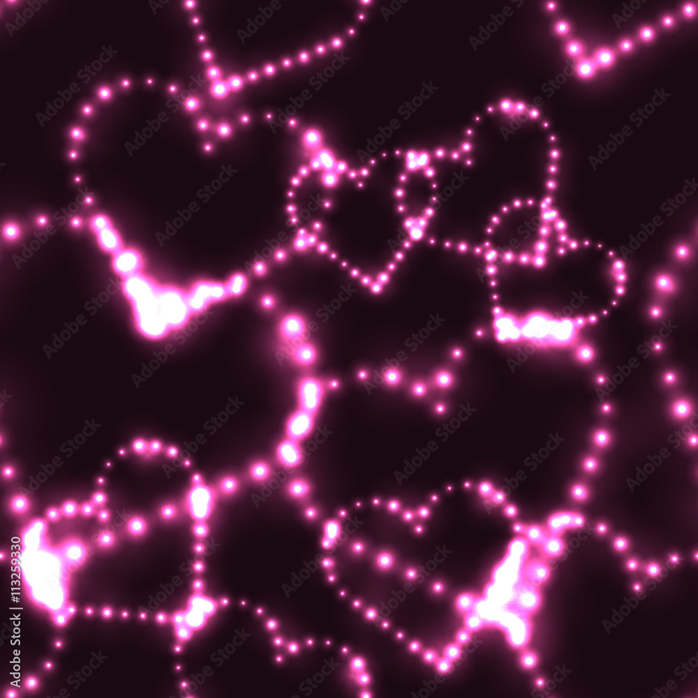 Neon shinning pink hearts on dark background