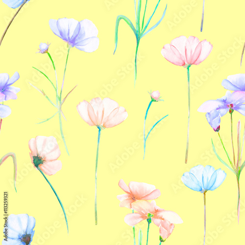 A seamless floral pattern with watercolor hand-drawn tender pink and purple cosmos flowers  painted on a yellow background