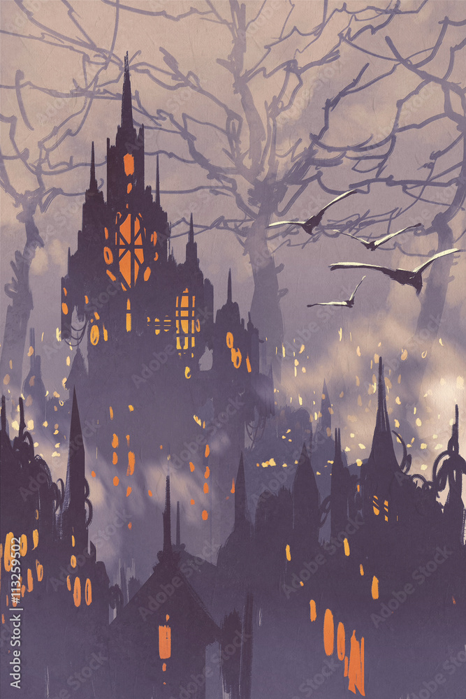 Fototapeta premium fantasy city,fairy town with big trees,landscape illustration