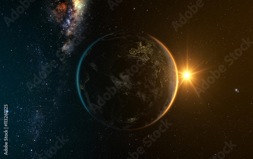 earth with Sunrise from space with milkyway in the backgroud