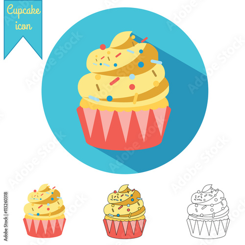 Cupcake vector icon set. Vector icons in different styles flat  hand drawn and outline