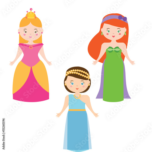 Three Vector Princesses in Cartoon Style. Queen characters vector set
