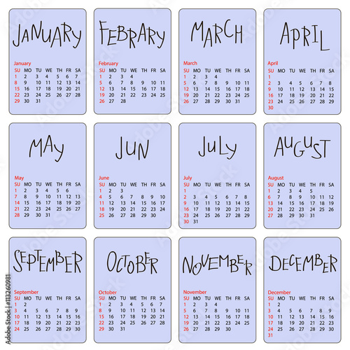 2017 calendar template. First day Sunday. Illustration in vector format. Design calendar grid in a cursive style with the words.