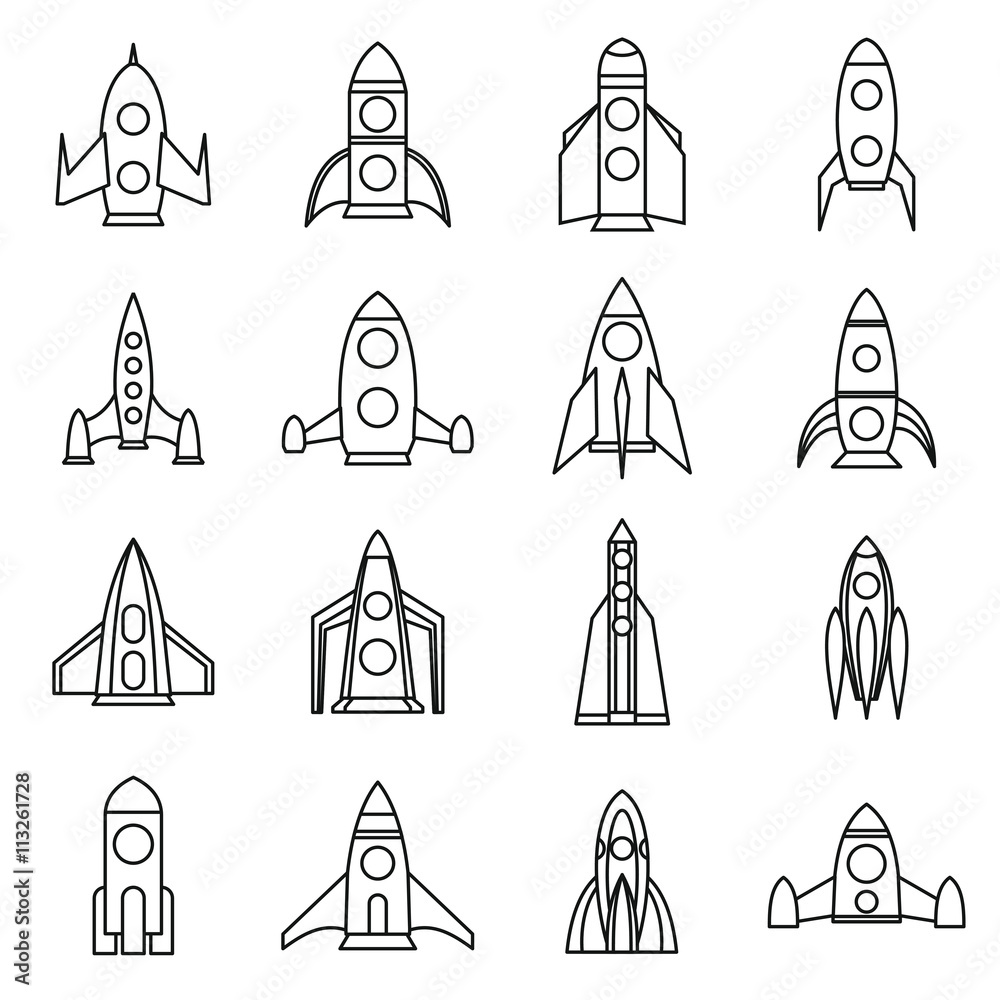 Rocket icons set, outline style Rocket icons set, outline style