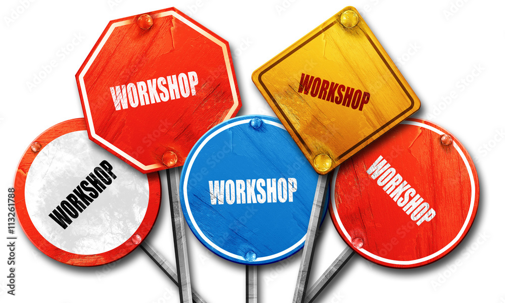 workshop, 3D rendering, rough street sign collection workshop, 3D rendering, rough street sign collection