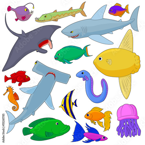 Fish Icons set, cartoon style