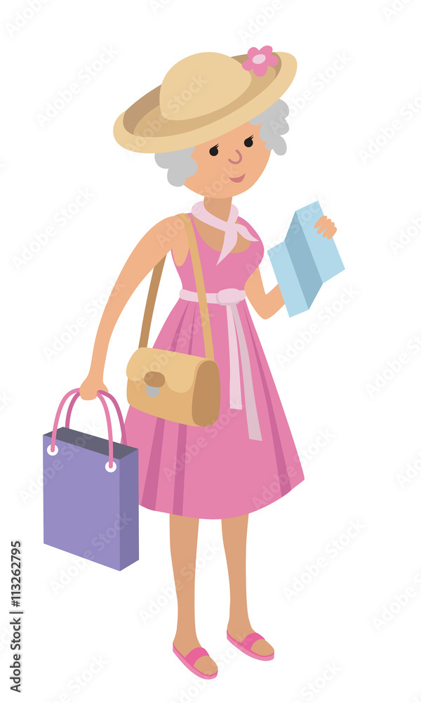 Illustration of elderly woman on shopping isolated white background in flat style. Illustration of elderly woman on shopping isolated white background in flat style.