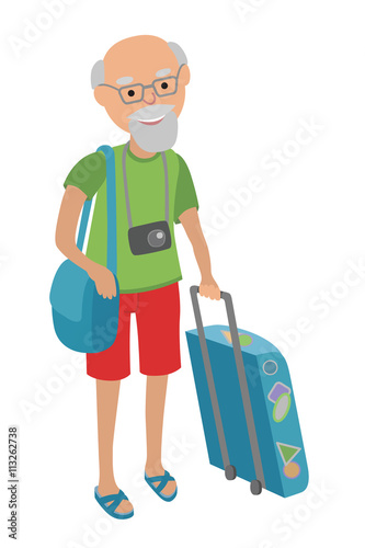 Illustration of elderly man traveling isolated on white background in flat style.