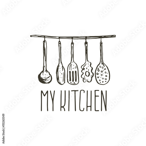 Concept hand drawn logo illustration for themed kitchen with ute